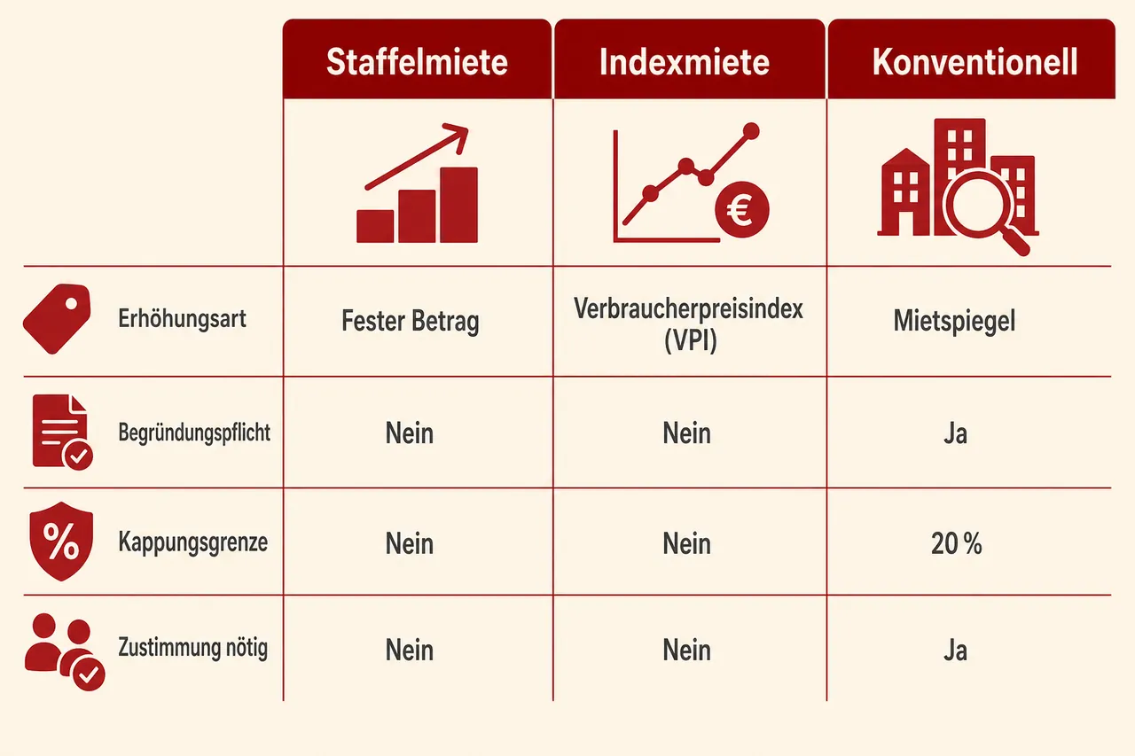 Vergleich Staffelmiete, Indexmiete und konventionelles Mietverhältnis nach Erhöhungsart und Voraussetzungen
