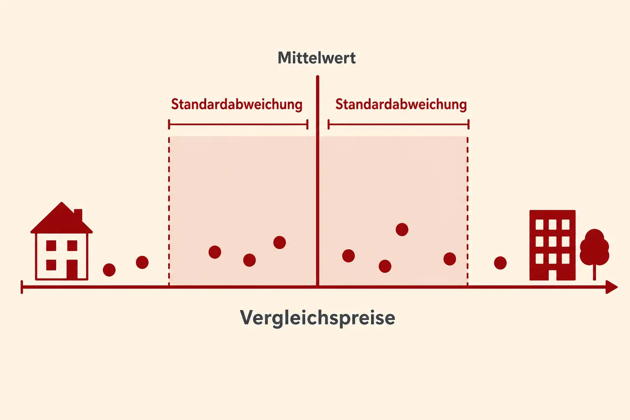 Standardabweichung: Vergleichspreise streuen um den Mittelwert; die Standardabweichung misst die Streuung der Werte um den Mittelwert
