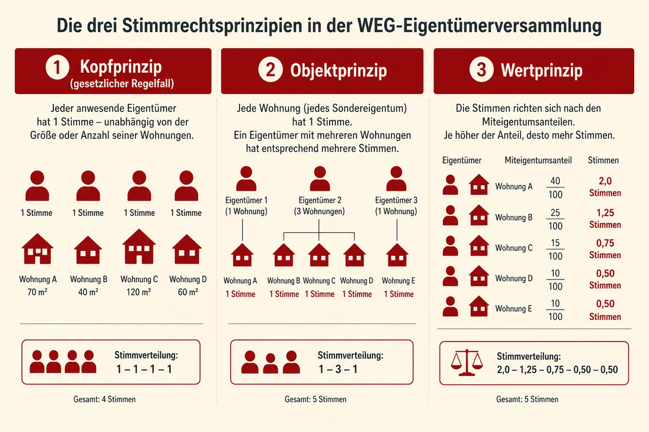 Infografik: Die drei Stimmrechtsprinzipien in der WEG – Kopfprinzip, Objektprinzip und Wertprinzip im Vergleich