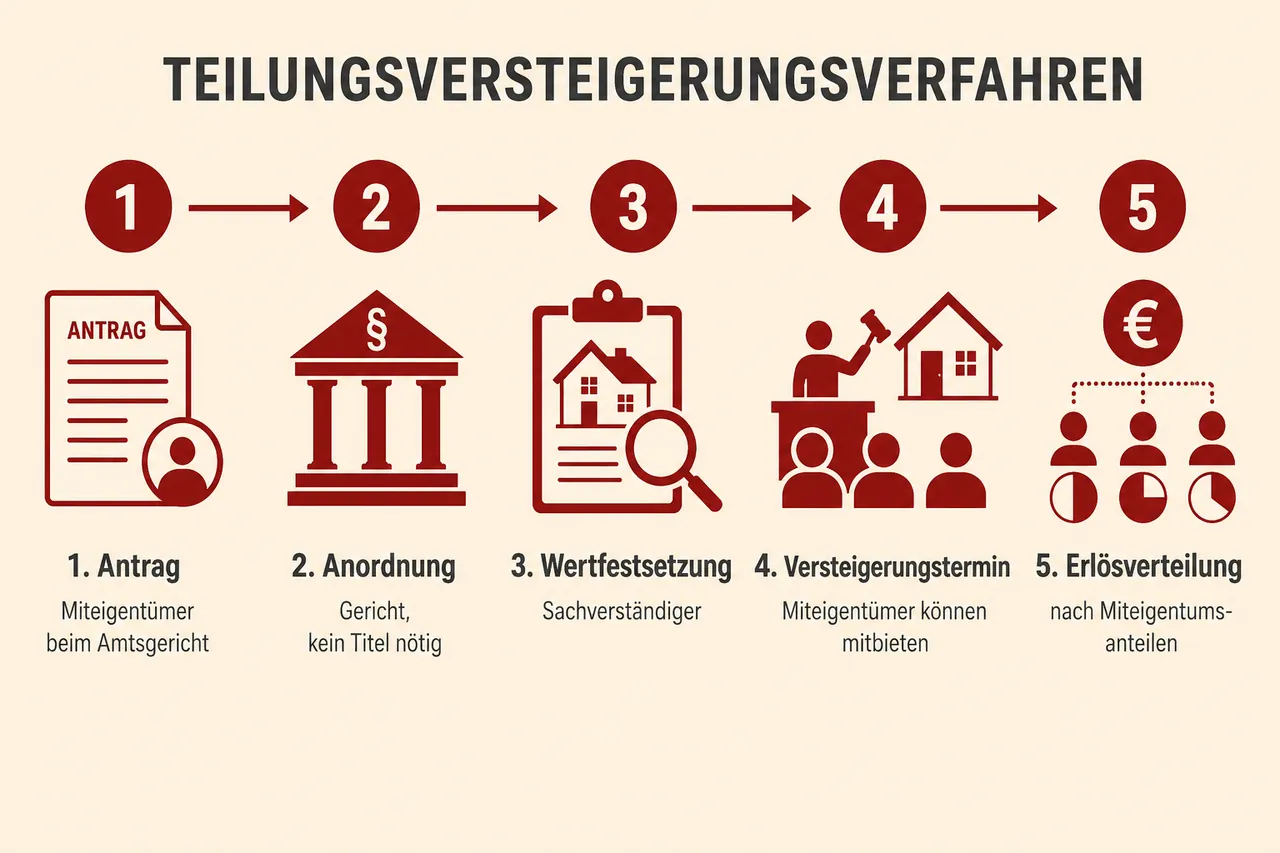 Ablauf der Teilungsversteigerung in fünf Schritten: Antrag, Anordnung, Wertfestsetzung, Versteigerungstermin mit Mitbieterecht, Erlösverteilung nach Miteigentumsanteilen
