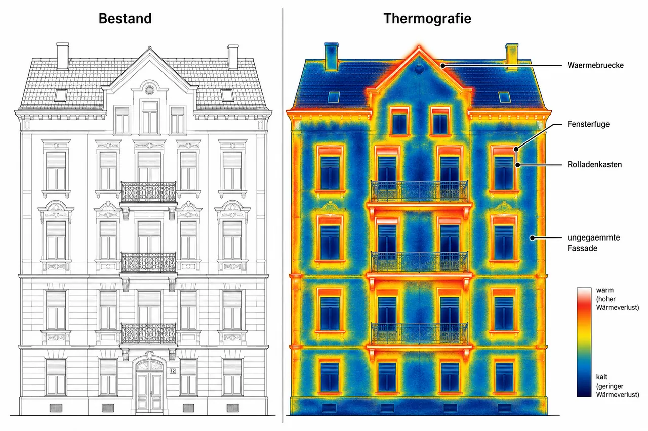 Vergleichsdarstellung Bestand und Thermografiebild eines Mehrfamilienhauses mit markierten Wärmebrücken an Fenstern und Fassade