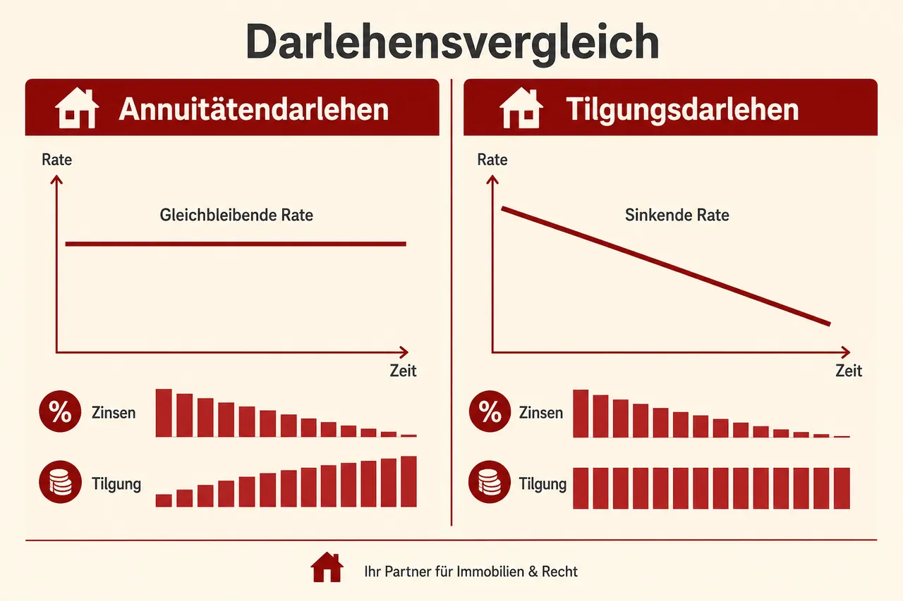 Vergleich Annuitätendarlehen und Tilgungsdarlehen: gleichbleibende vs. sinkende Rate