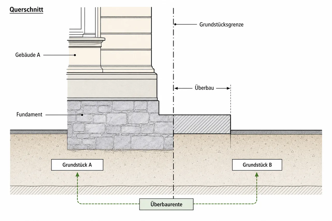 Querschnitt zweier benachbarter Grundstücke mit Gebäude, dessen Fundament über die Grundstücksgrenze auf das Nachbargrundstück ragt (Überbau)