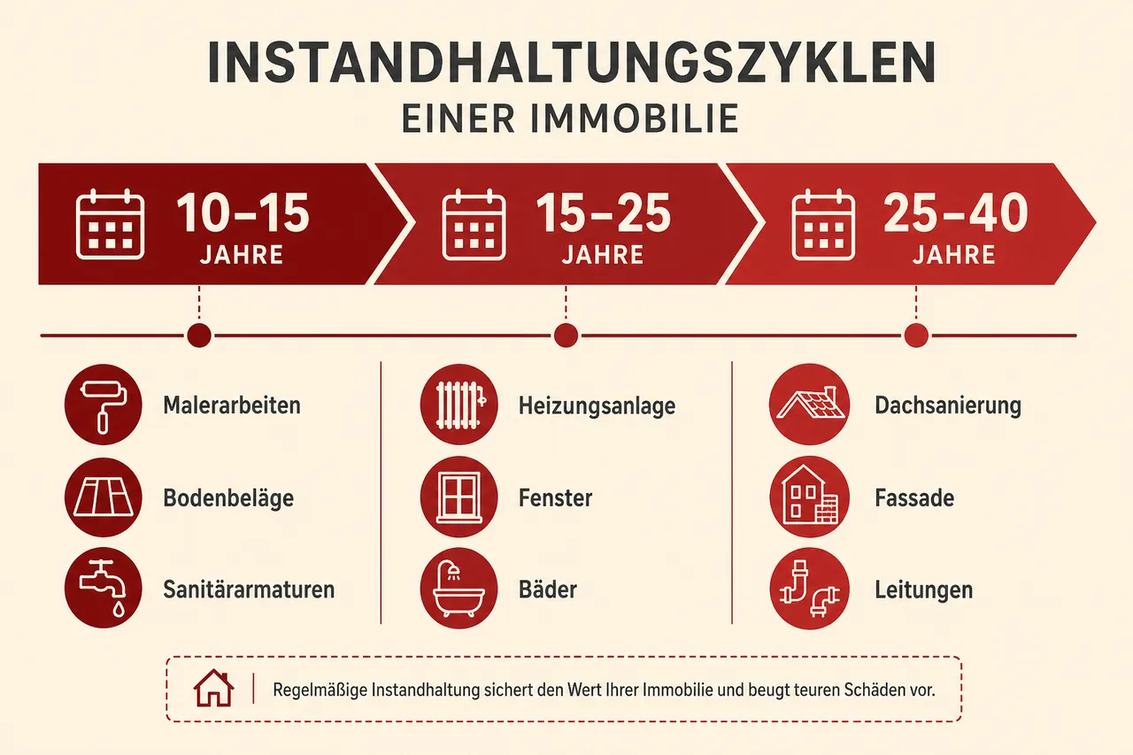 Instandhaltungszyklen einer Immobilie: Zeitplan typischer Sanierungsmaßnahmen nach Jahren