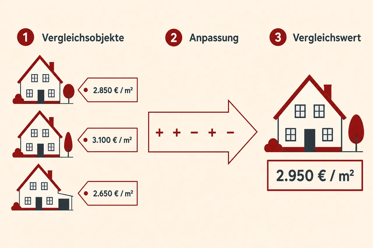 Vergleichswertverfahren: Aus den Kaufpreisen mehrerer vergleichbarer Immobilien wird über Anpassungen der Vergleichswert des Bewertungsobjekts abgeleitet