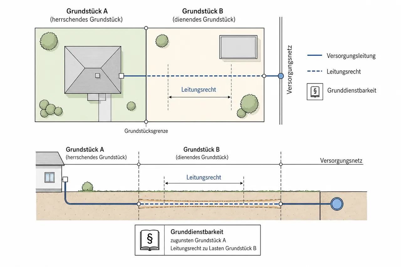 Lageplan zweier Grundstücke mit unterirdischer Versorgungsleitung durch das dienende Grundstück als eingetragenes Leitungsrecht