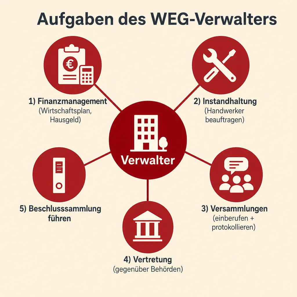 Infografik: Aufgabenbereiche des WEG-Verwalters – Finanzmanagement, Instandhaltung, Versammlungen, Vertretung und Beschlusssammlung