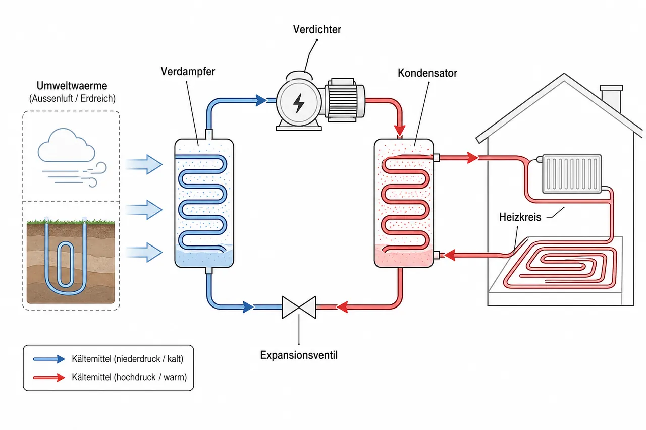 Schematische Darstellung des Wärmepumpen-Kältekreislaufs mit Verdampfer, Verdichter, Kondensator und Expansionsventil