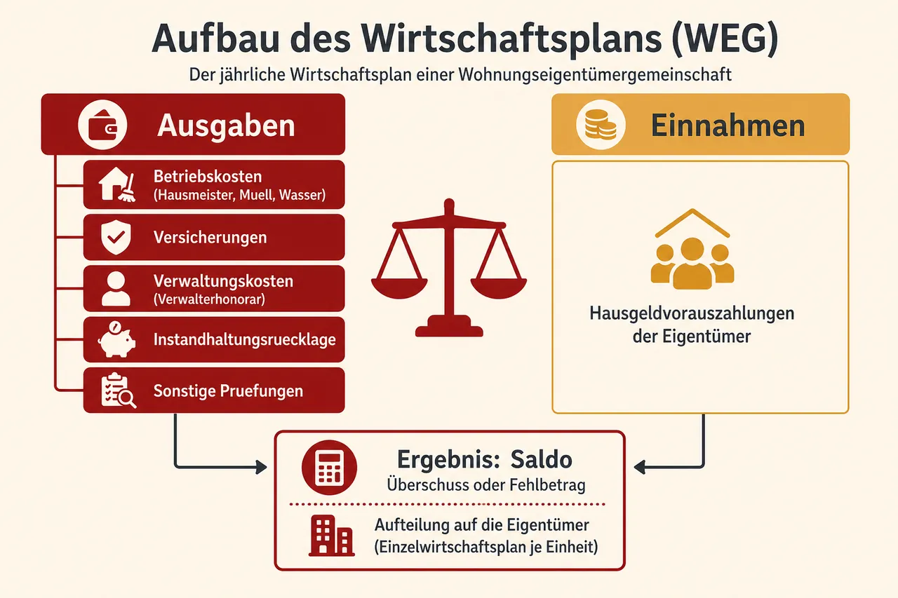 Infografik: Aufbau des WEG-Wirtschaftsplans mit Ausgabenarten (Betriebskosten, Versicherungen, Verwaltungskosten, Instandhaltungsrücklage) und Einnahmen aus Hausgeldvorauszahlungen
