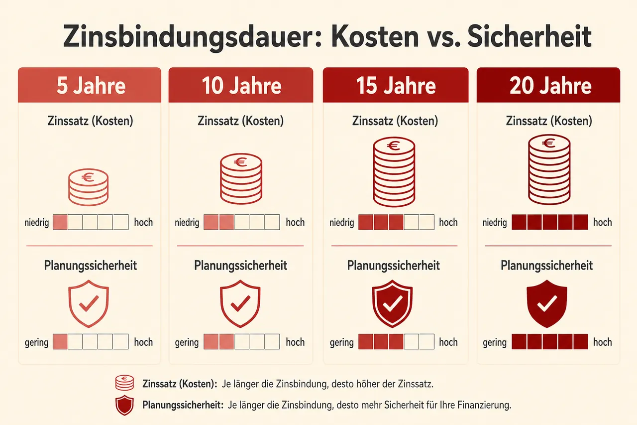 Infografik: Zinsbindungsfristen 5, 10, 15 und 20 Jahre im Vergleich – Kosten versus Planungssicherheit