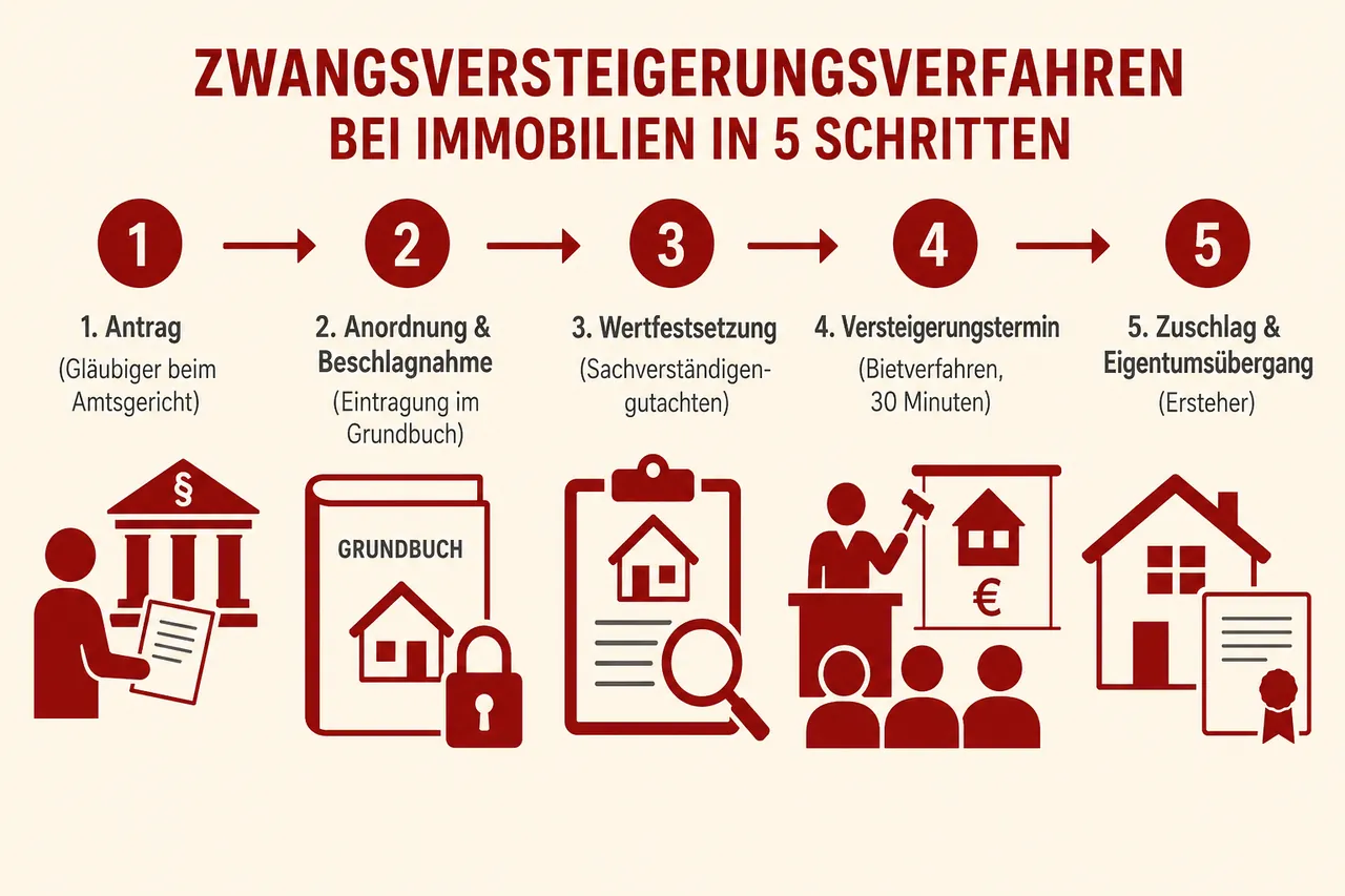 Ablauf der Zwangsversteigerung in fünf Schritten: Antrag, Anordnung und Beschlagnahme, Wertfestsetzung, Versteigerungstermin, Zuschlag und Eigentumsübergang